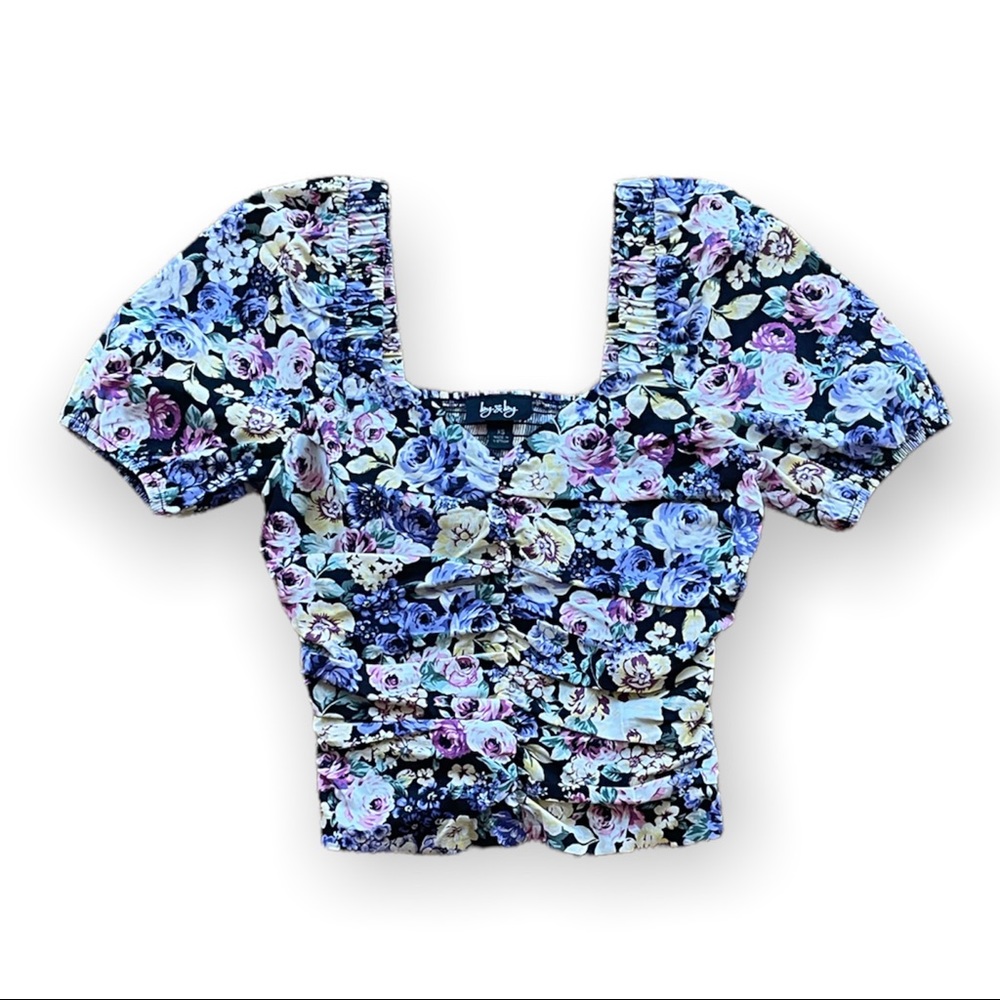 Ruched Milkmaid Top With Floral Pattern and Puff Sleeves